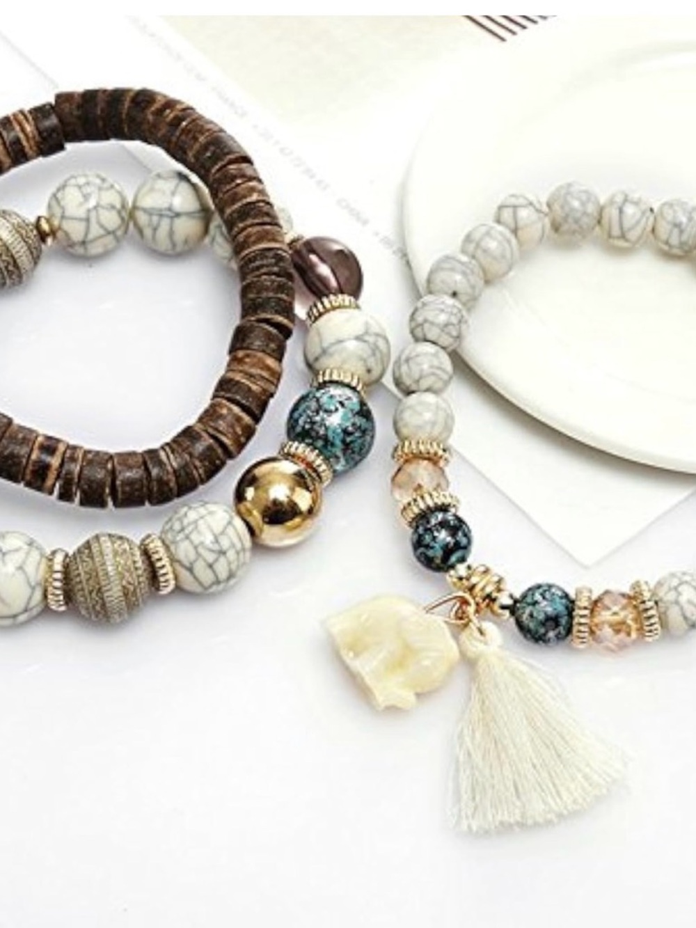 Ivory Tassel & Brown Stackable Beaded Bracelet Set - Picture 2 of 4